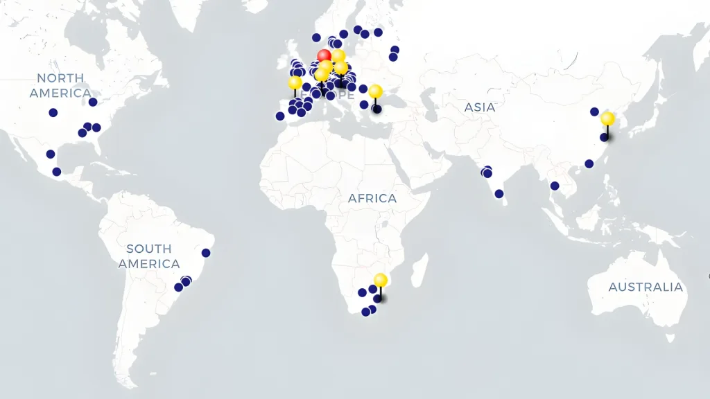 Weltkarte mit Standorten von INDUSTRA, internationalen Kundeninstallationen sowie Technologie- und Vertriebspartnern in Europa, Nordamerika, Asien und Afrika.